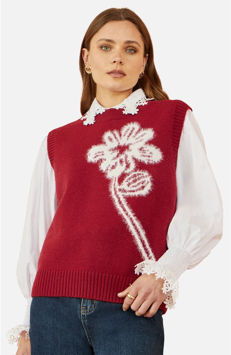 Yumi Knitted Flower Sleeveless Sweater Vest, Main, color, Burgundy