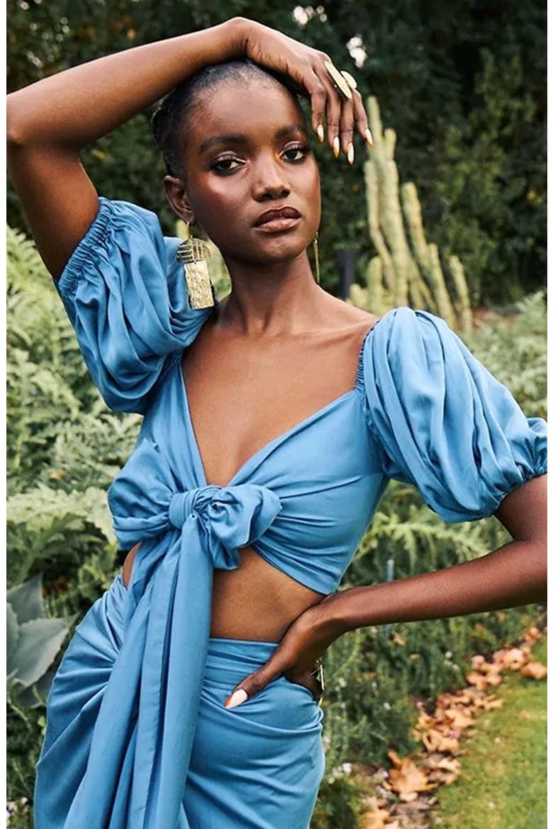 Zany Off-the-Shoulder Puff Sleeve Satin Top, Alternate, color, TEAL