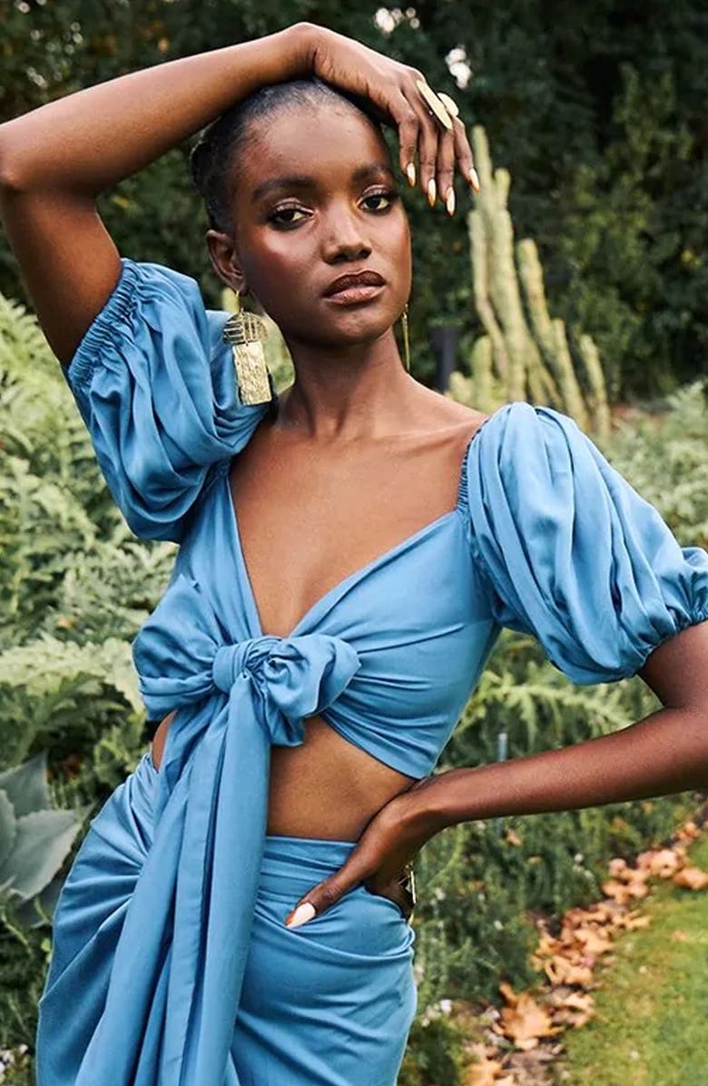 DIARRABLU Zany Off-the-Shoulder Puff Sleeve Satin Top, Alternate, color,