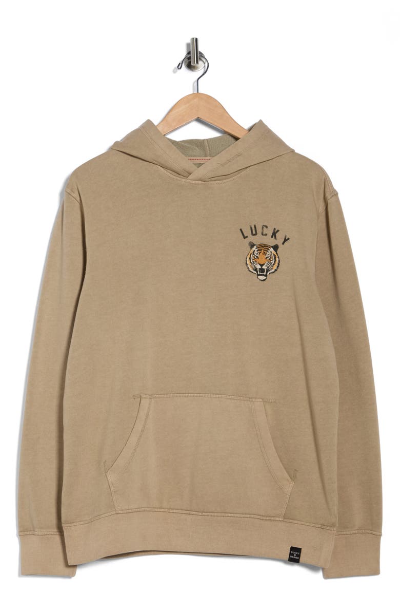 Lucky Brand Logo Washed Fleece Graphic Hoodie, Alternate, color, Silver Mink