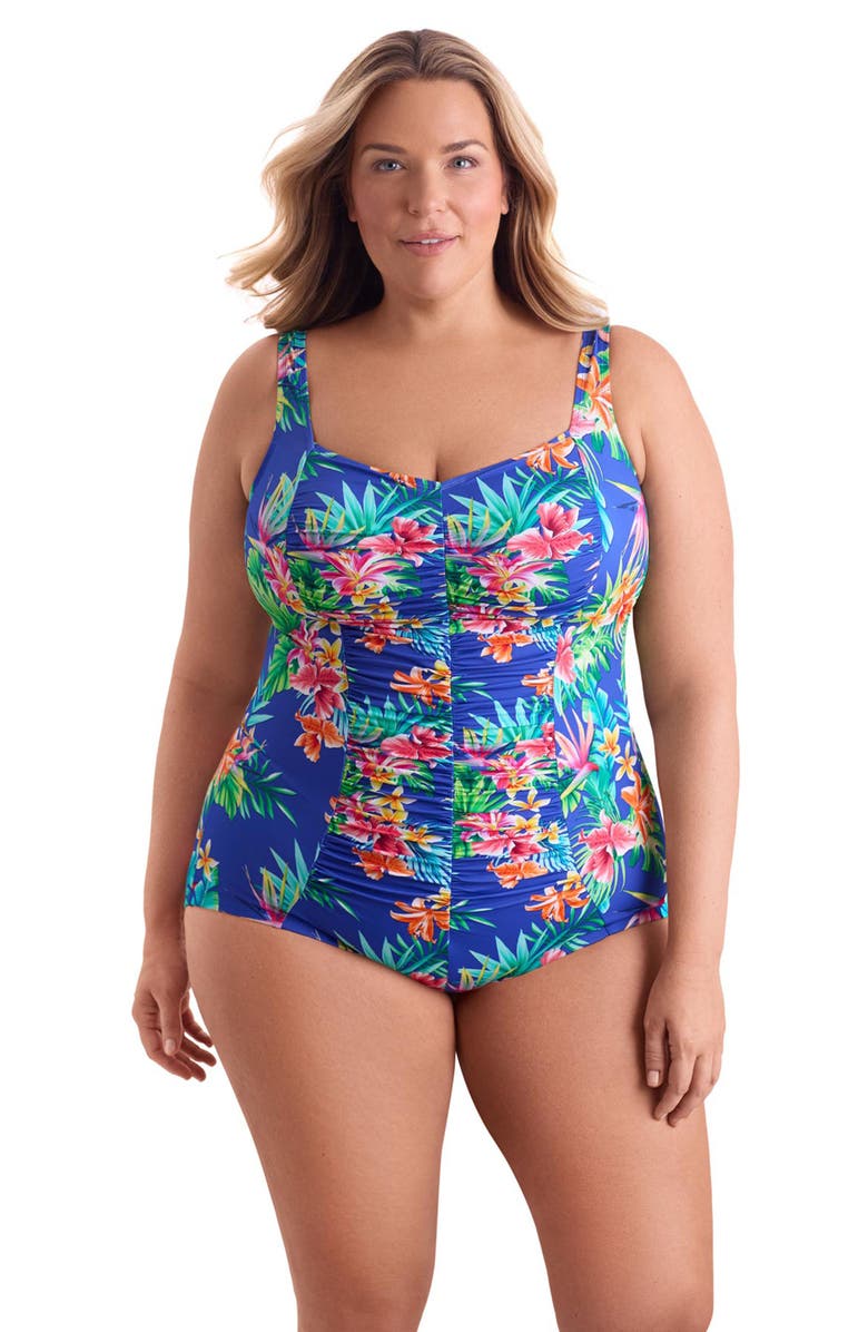 ShapeSolver Shirred Front Princess Seam Girl Leg Plus Size One-Piece Swimsuit, Main, color, Tropical Tendencies