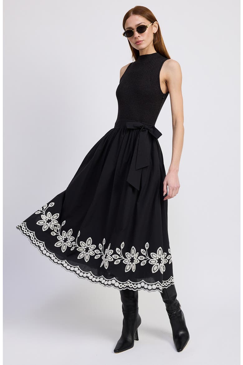 Isidora Embroidery Detail Mixed Media Midi Dress, Alternate, color, BLACK