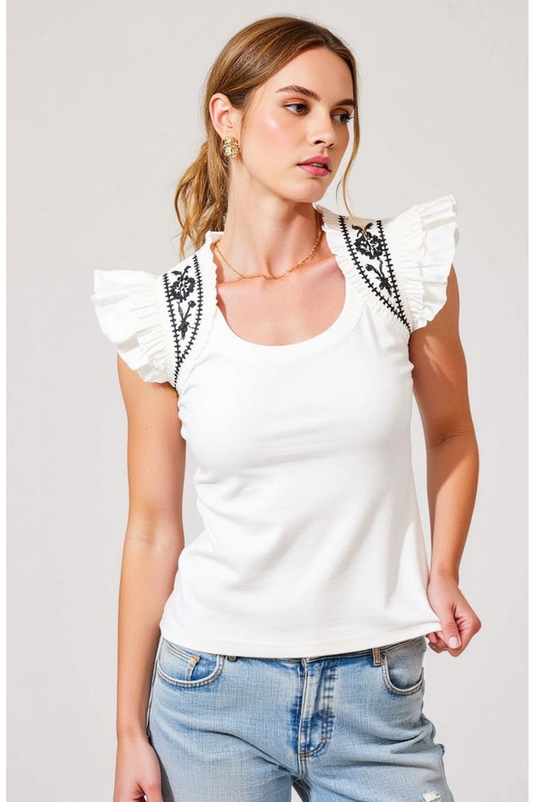 Ruffled Cap-Sleeve Knit Top with Embroidered Shoulder Detail, Main, color, White / Black