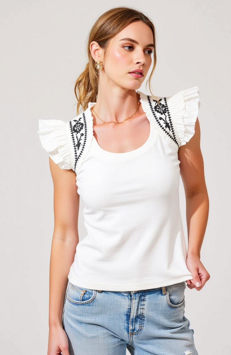 Modenaire Ruffled Cap-Sleeve Knit Top with Embroidered Shoulder Detail, Main, color, White / Black
