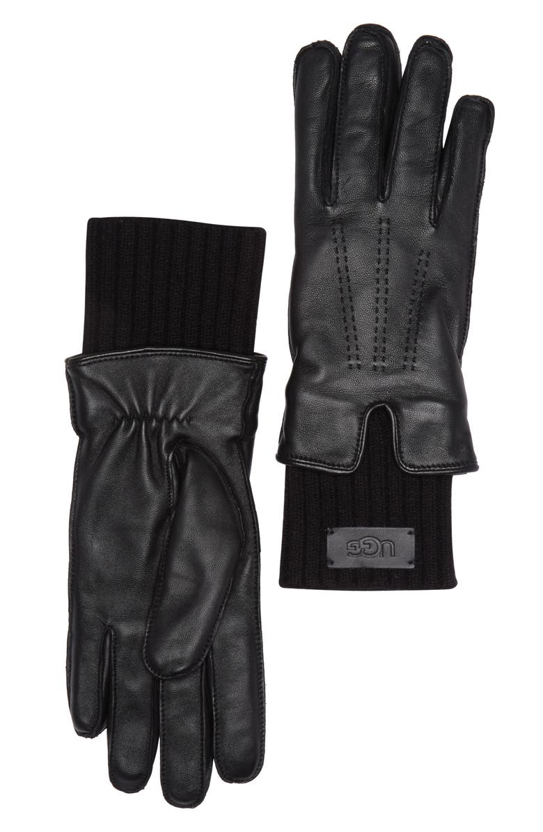 UGG<sup>®</sup> UGG Leather Knit Cuff Gloves, Main, color, 