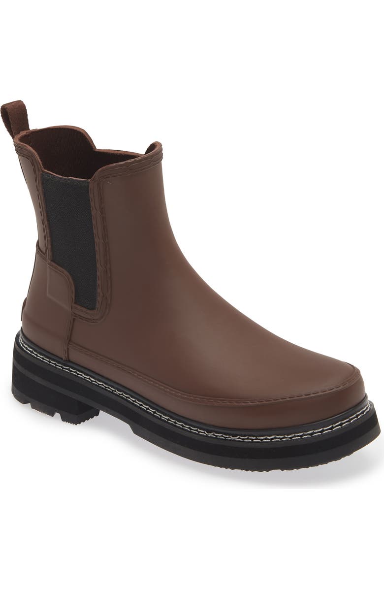 Hunter Refined Stitch Waterproof Chelsea Boot, Main, color, Brown Bolt/ Black