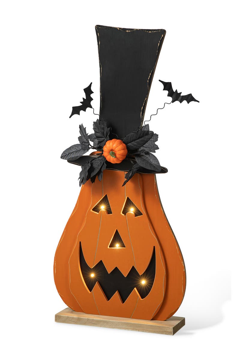 Halloween Lighted Wooden Jack-O-Lantern Porch Decor with Floral & Timer, Main, color, Orange