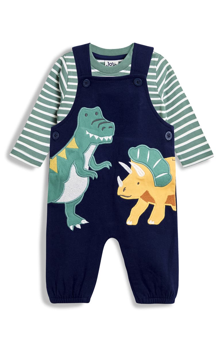 JOJO MAMAN BEBE Stripe T-Shirt & Dinosaur Appliqué Overalls Set, Main, color, Navy