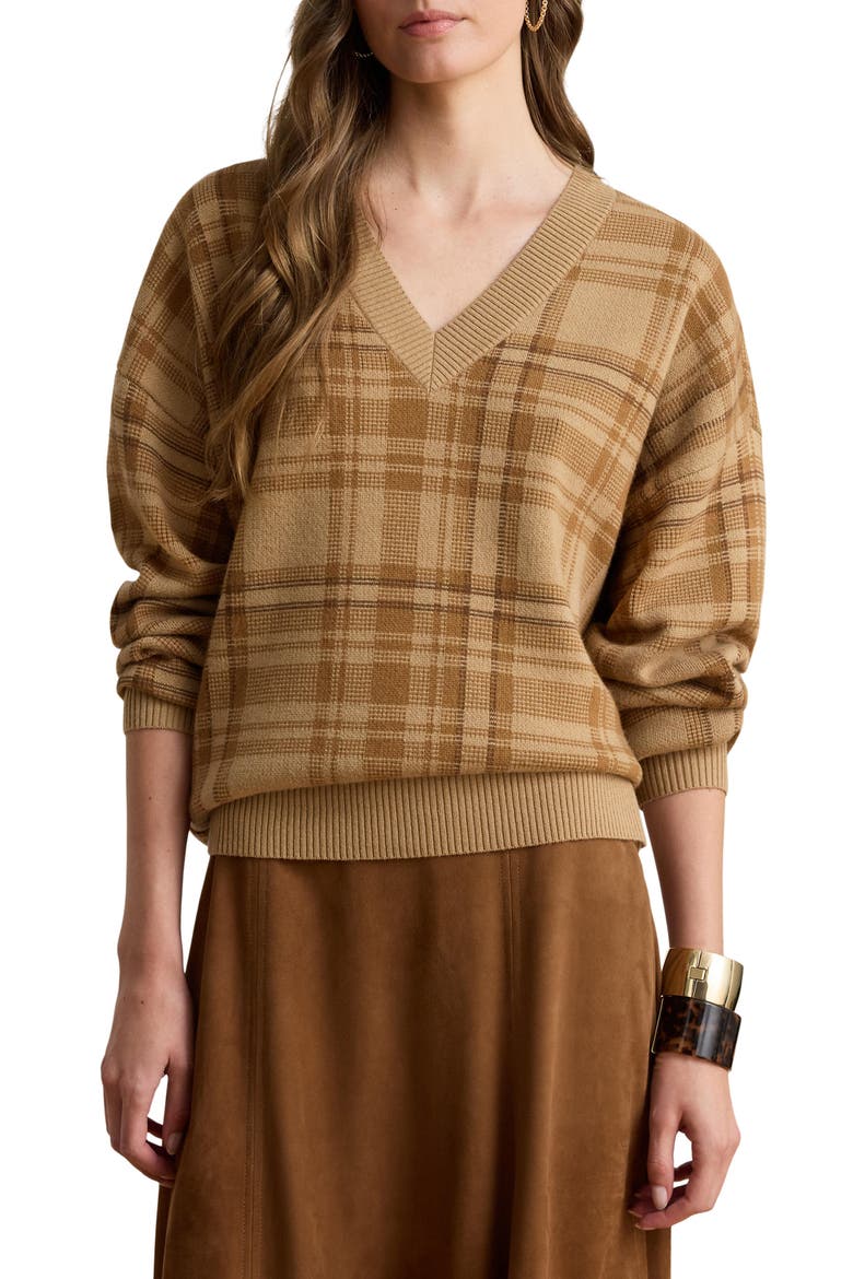 Plaid V-Neck Sweater, Main, color, CAMEL BEIGE