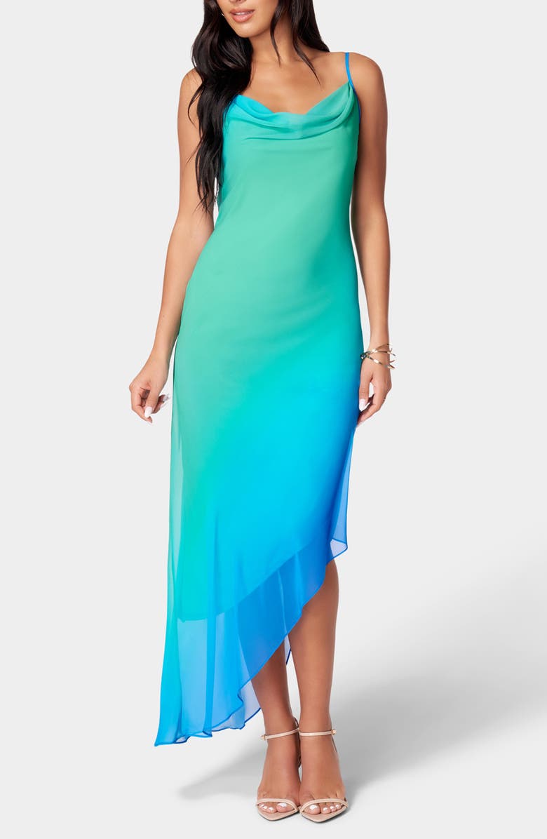 bebe Ombré Asymmetric Hem Slipdress, Main, color, Green/ Blue