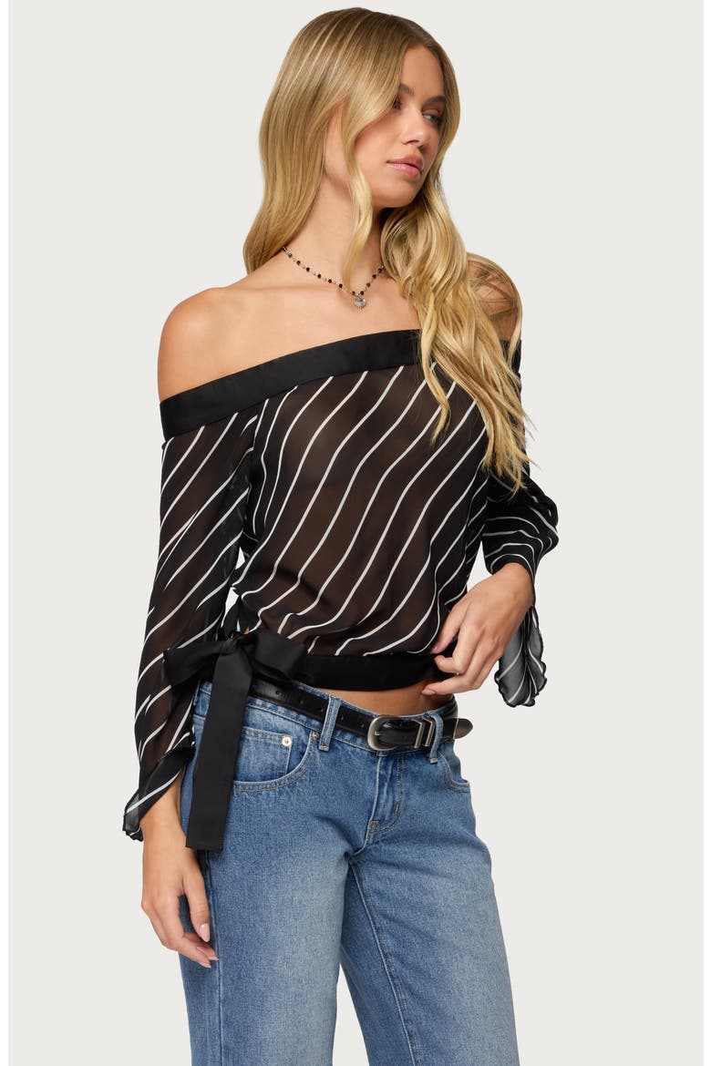 Stripe Off the Shoulder Mesh Top, Alternate, color, BLACK