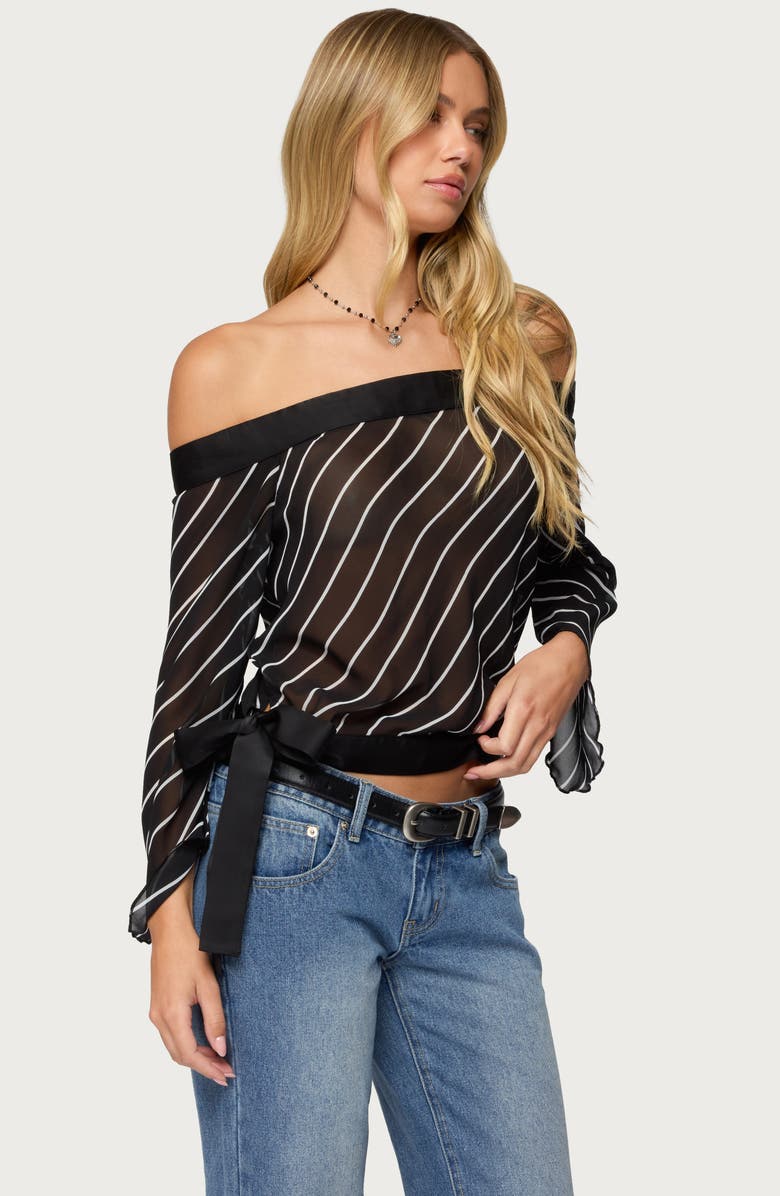 EDIKTED Stripe Off the Shoulder Mesh Top, Alternate, color,