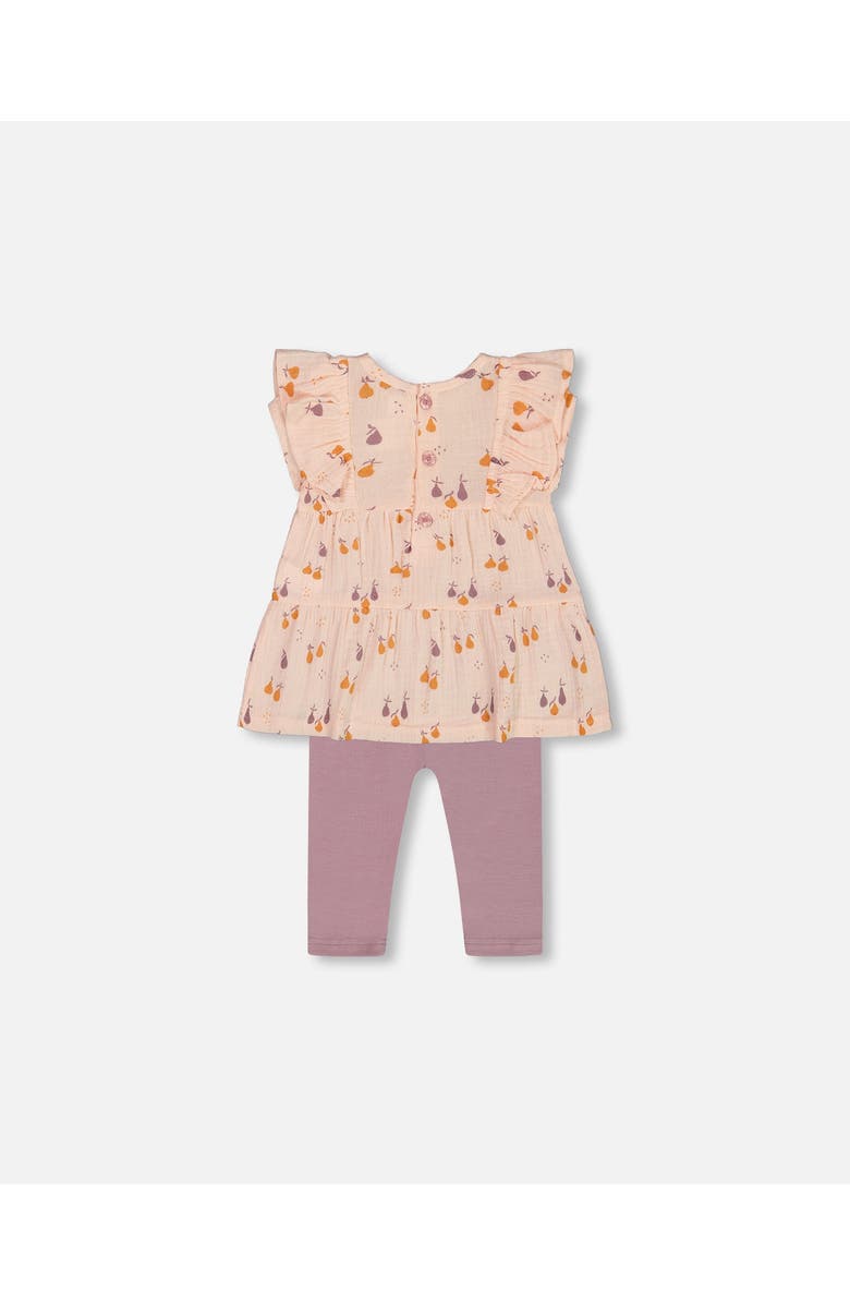 Deux par Deux Baby Girl's Printed Muslin Tunic And Organic Cotton Legging Set Peach With Pears And Purple, Alternate, color, Peach With Pears Print
