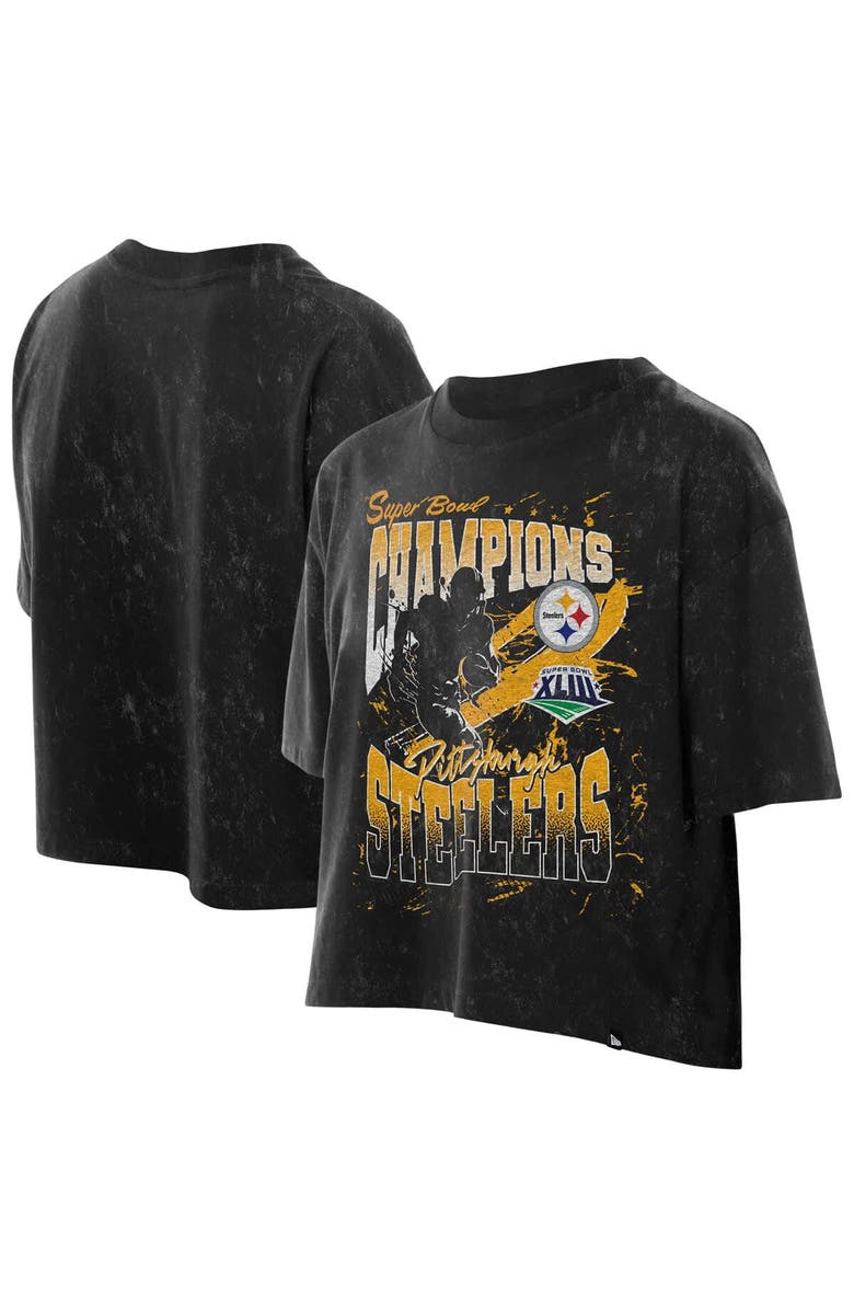 New Era Women's New Era Black Pittsburgh Steelers Cropped Boxy Sport Classics Mineral Wash T-Shirt, Alternate, color,