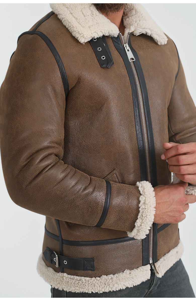 Furniq UK Frederick Grained Leather Shearling Aviator Jacket, Alternate, color, Camel Brown