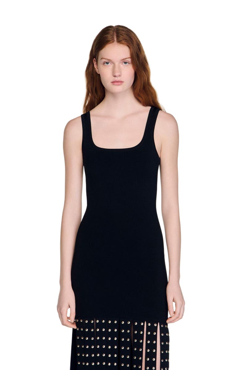 SANDRO Fringed knit maxi dress, Main, color, Black