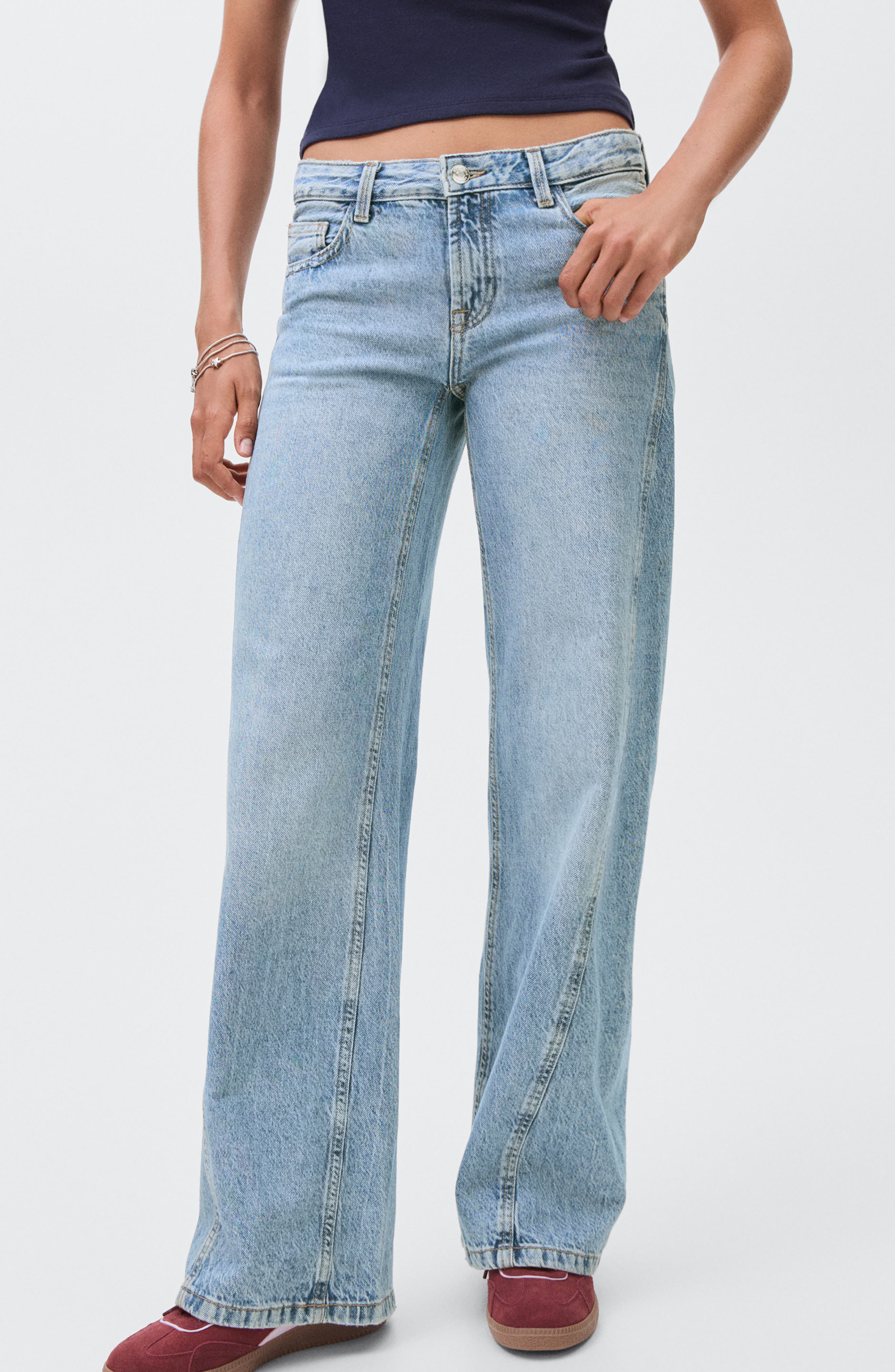 Mango Teen Low Rise Wide Leg Jeans In Blue