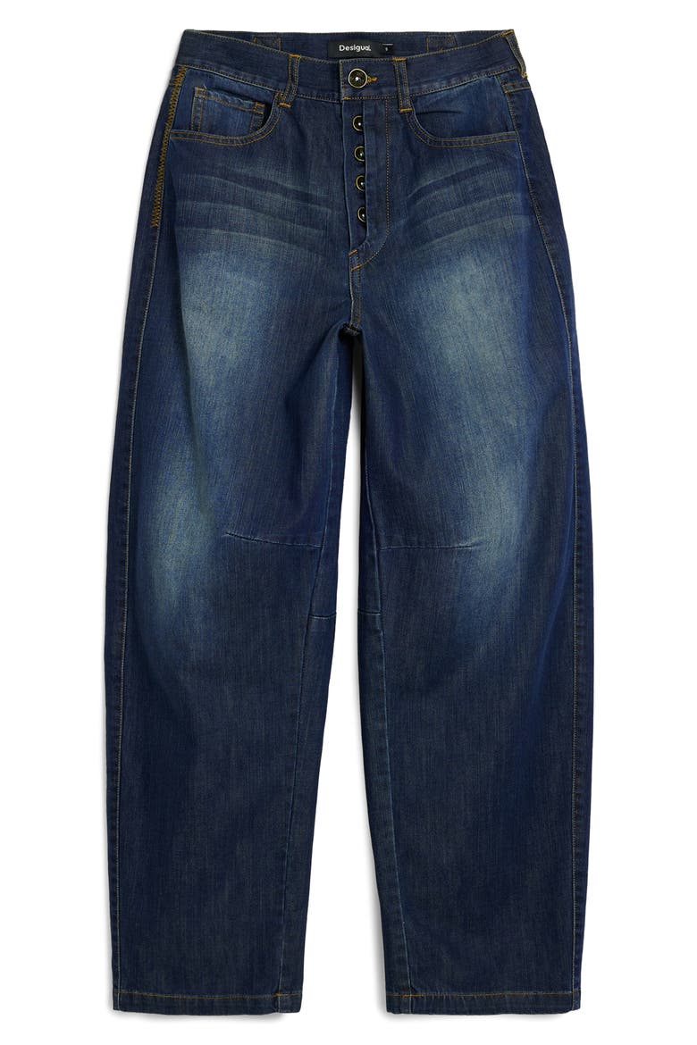 Exposed Button Fly Barrel Leg Jeans, Alternate, color, DARK BLUE
