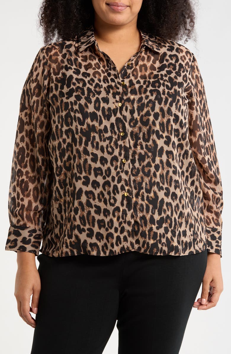 T Tahari Clip Dot Leopard Spot Button-Up Shirt, Main, color, Beige/ Black/ Gold Clip Dot