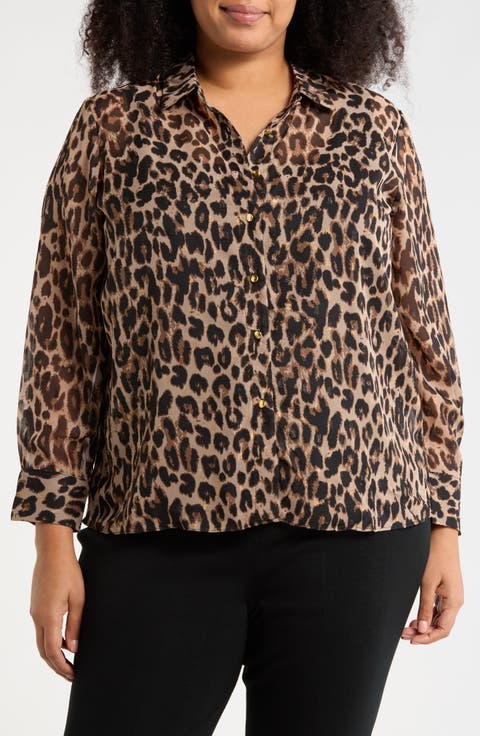 Clip Dot Leopard Spot Button-Up Shirt (Plus)