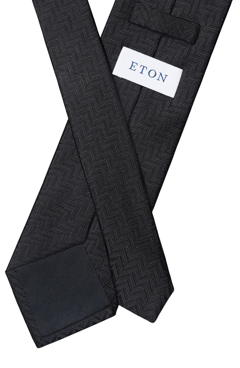 Eton Solid Black Silk Herringbone Tie, Alternate, color, 