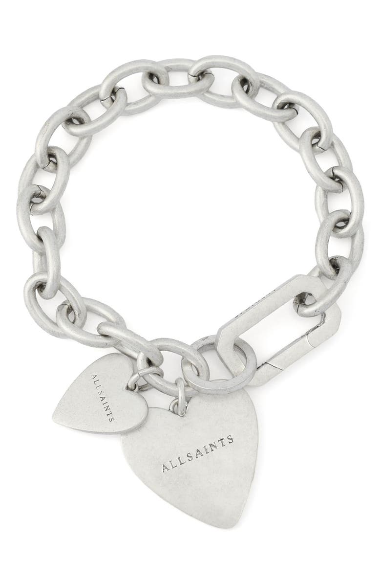 AllSaints Double Heart Chain Link Bracelet, Main, color, Warm Silver