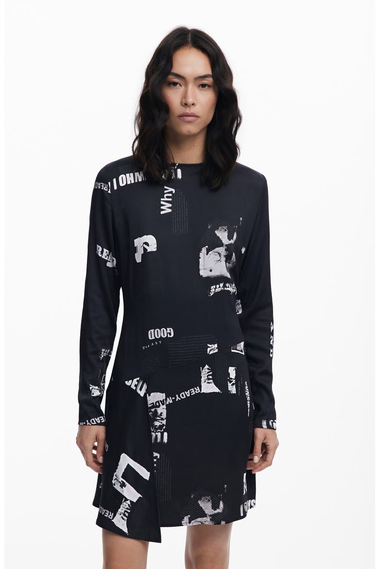 Newspaper Print Long Sleeve Dress, Alternate, color, BLACK