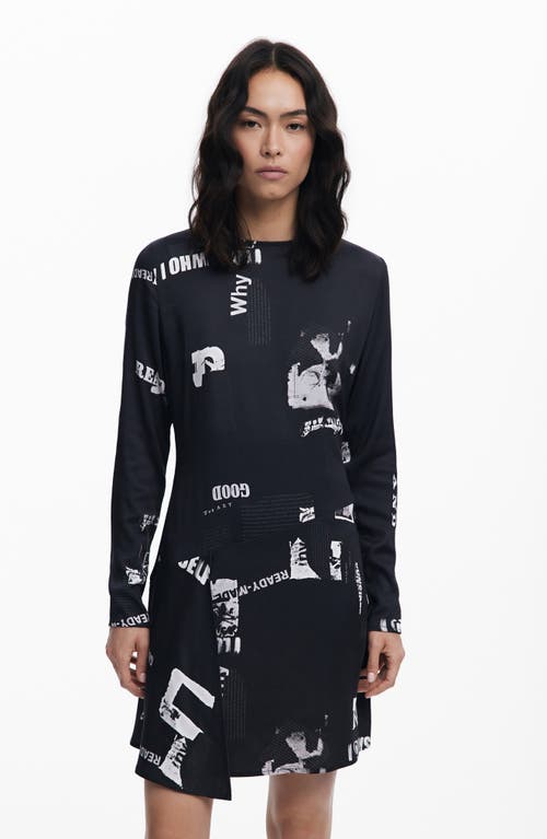 Desigual Newspaper Print Long Sleeve Dress In Black