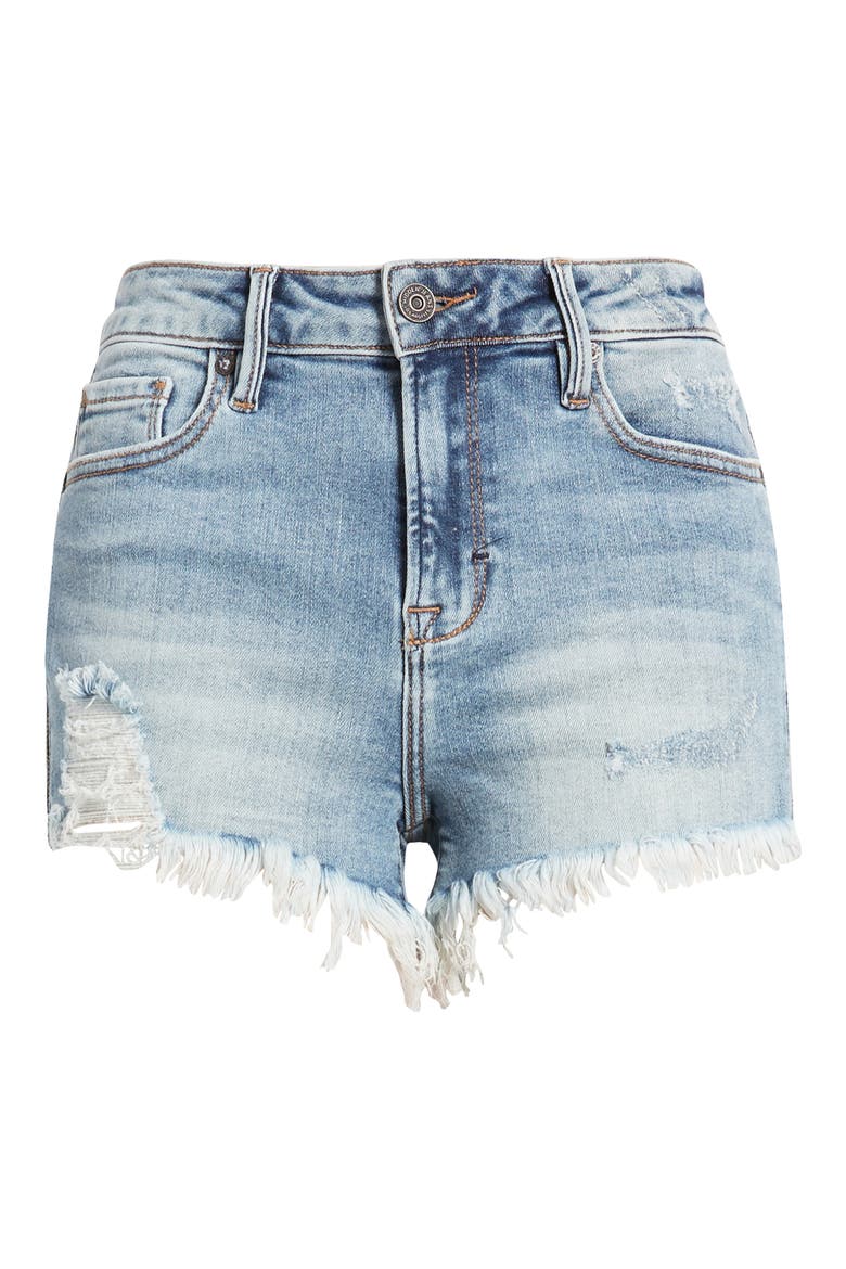 Distressed Side Zip Fringe Denim Shorts, Alternate, color, LIGHT WASH