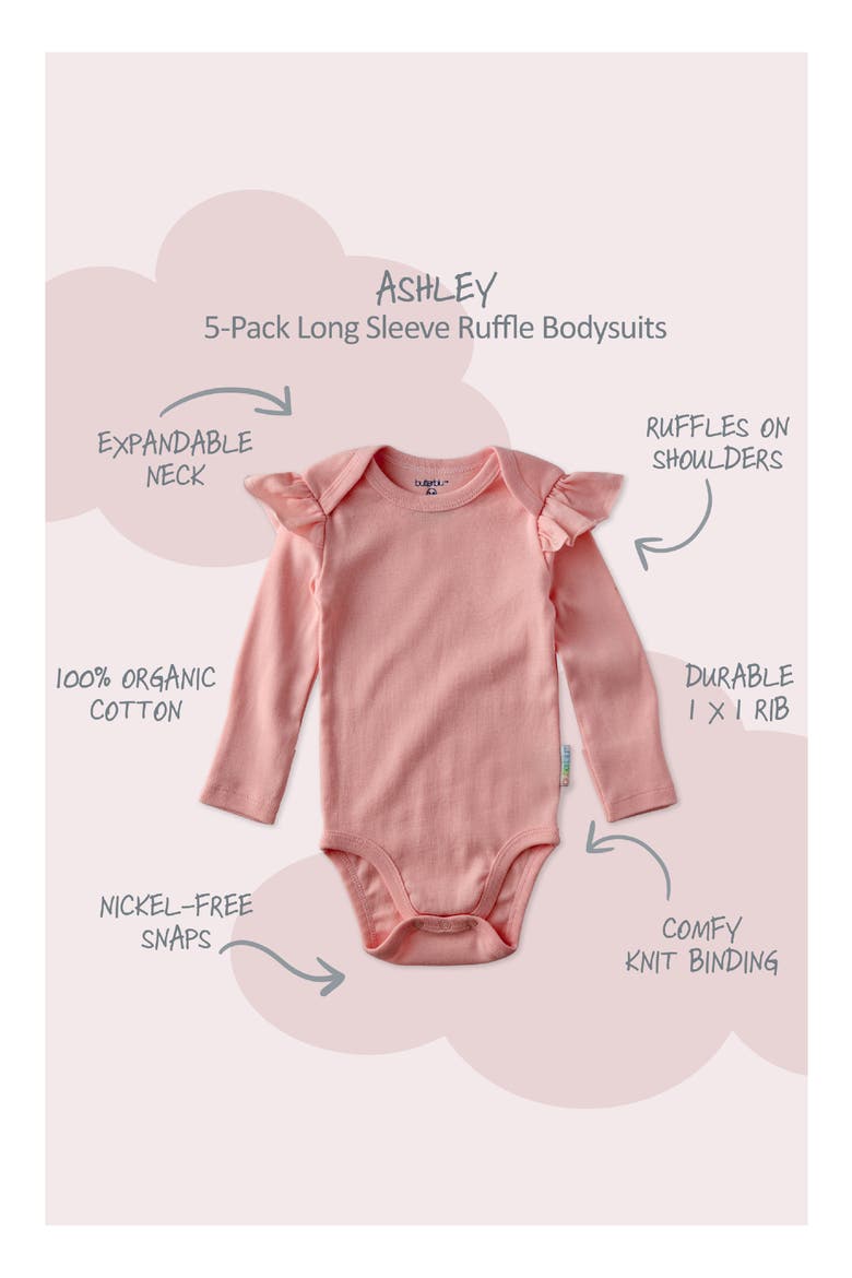 Ashley Ruffle Long Sleeve Organic Cotton 5-Pack Bodysuits, Alternate, color, SUNSET