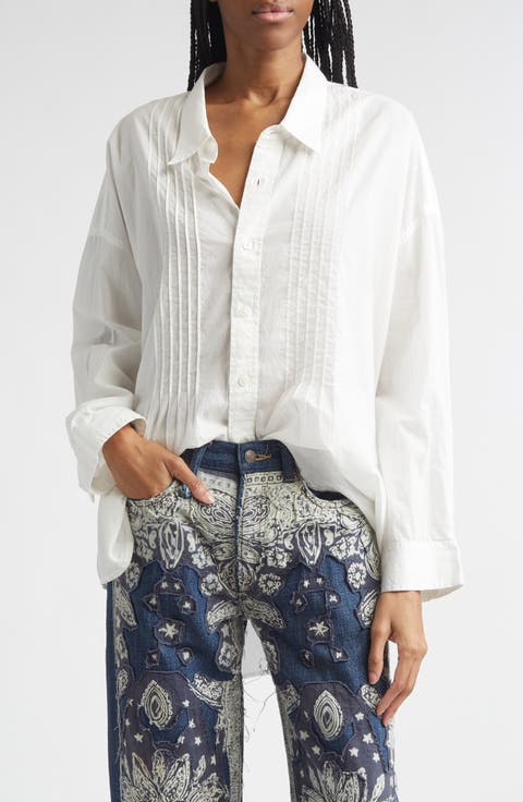 Drop Neck Pintuck Button-Up Shirt