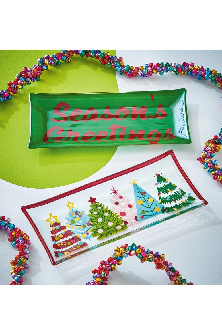 Christmas Seasons Greetings Glass Trinket Tray Green Multi 9x4.33x0.8 in, Alternate, color, Green