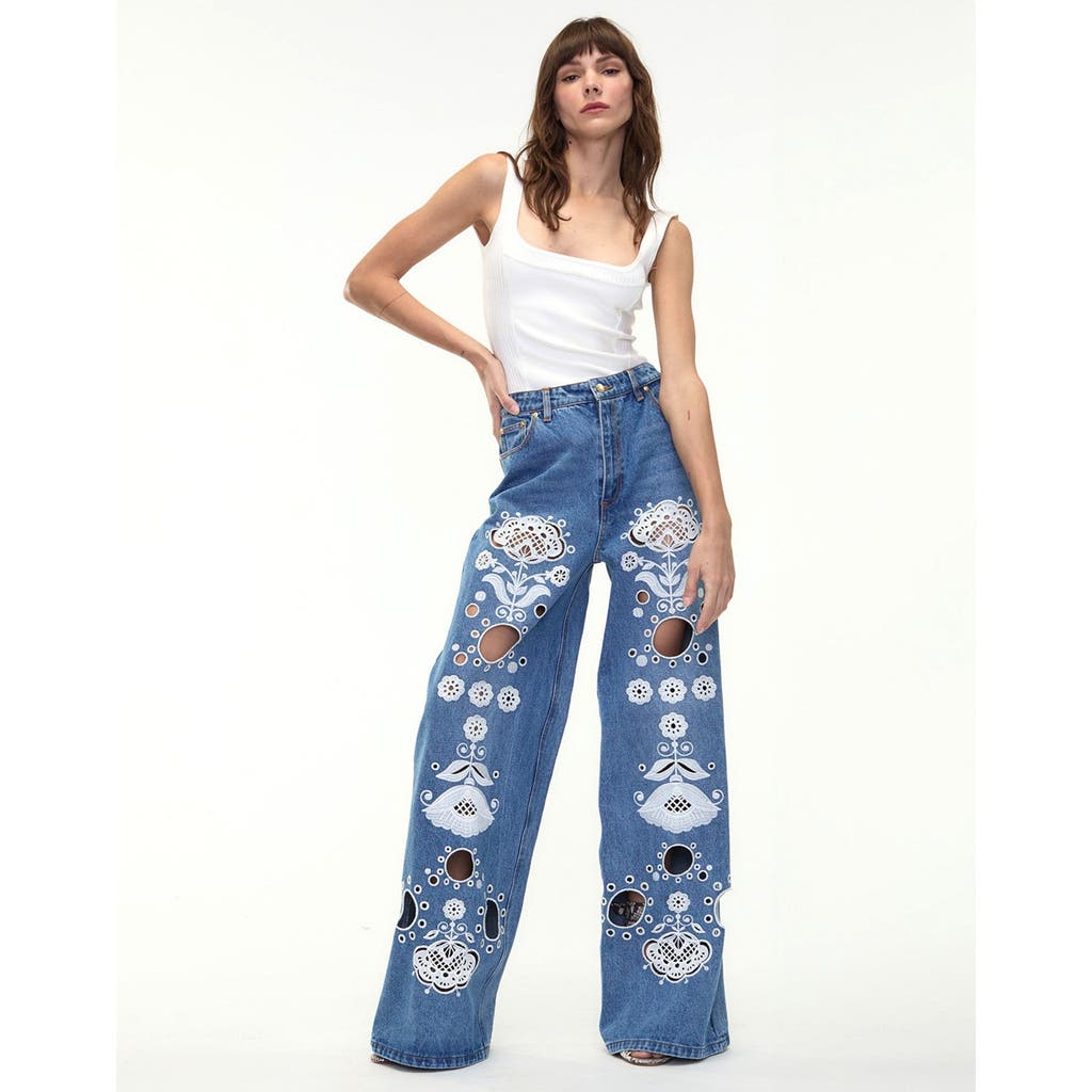 Cynthia Rowley Embroidered Wide-leg Jeans In Blue/white