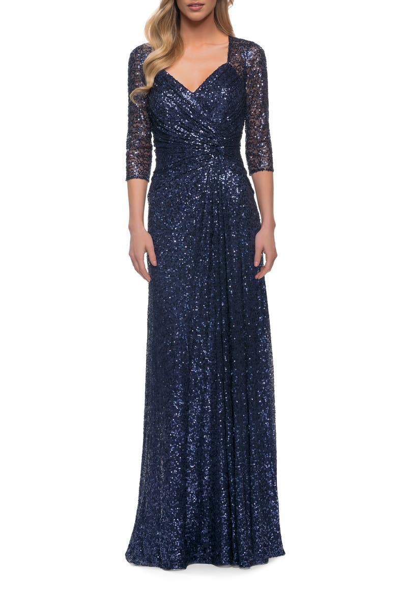 Sequin Evening Gown with Knot Detail on Front, Main, color, Navy