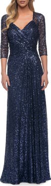 La Femme Sequin Evening Gown with Knot Detail on Front