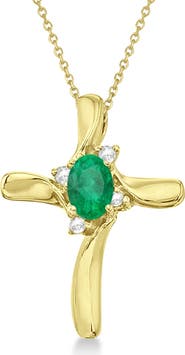 ALLUREZ Lab Emerald & Lab Diamond Cross Necklace Pendant 14K 0.50ct