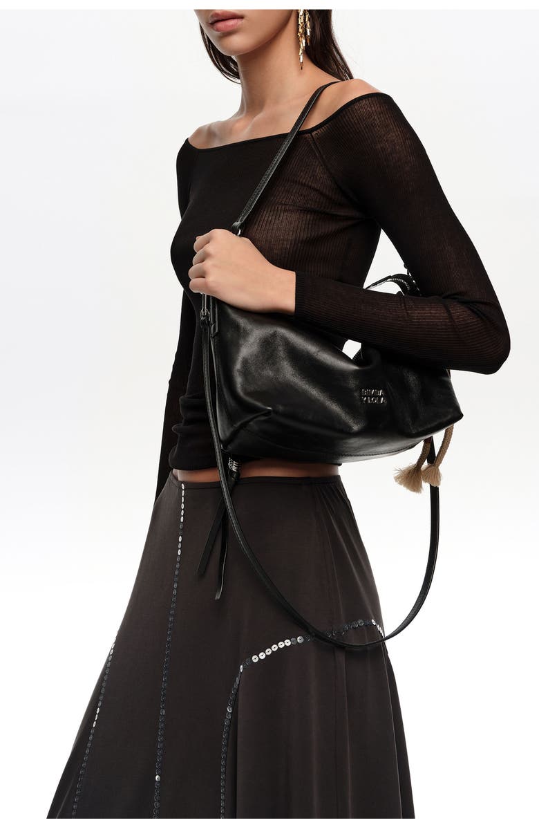 Bimba y Lola Medium Leather Trapecio Bag, Alternate, color, Black