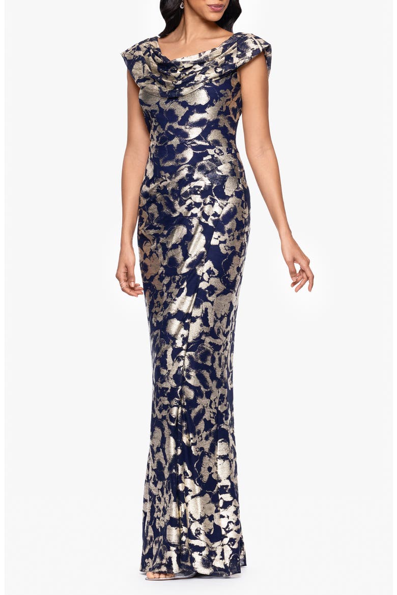 Metallic Floral Cowl Neck Sheath Gown, Alternate, color, NAVY/ GOLD