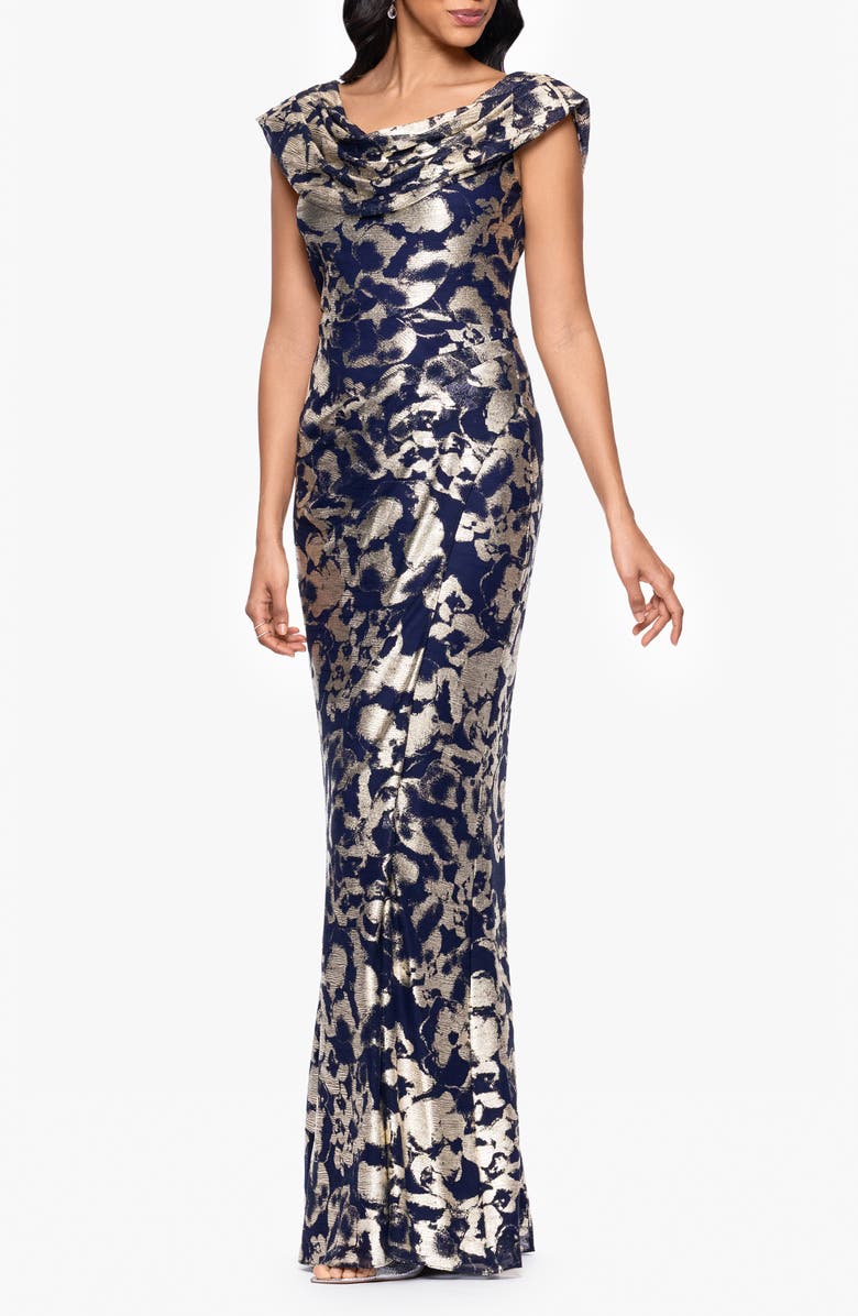 Betsy & Adam Metallic Floral Cowl Neck Sheath Gown, Alternate, color, Navy/ Gold