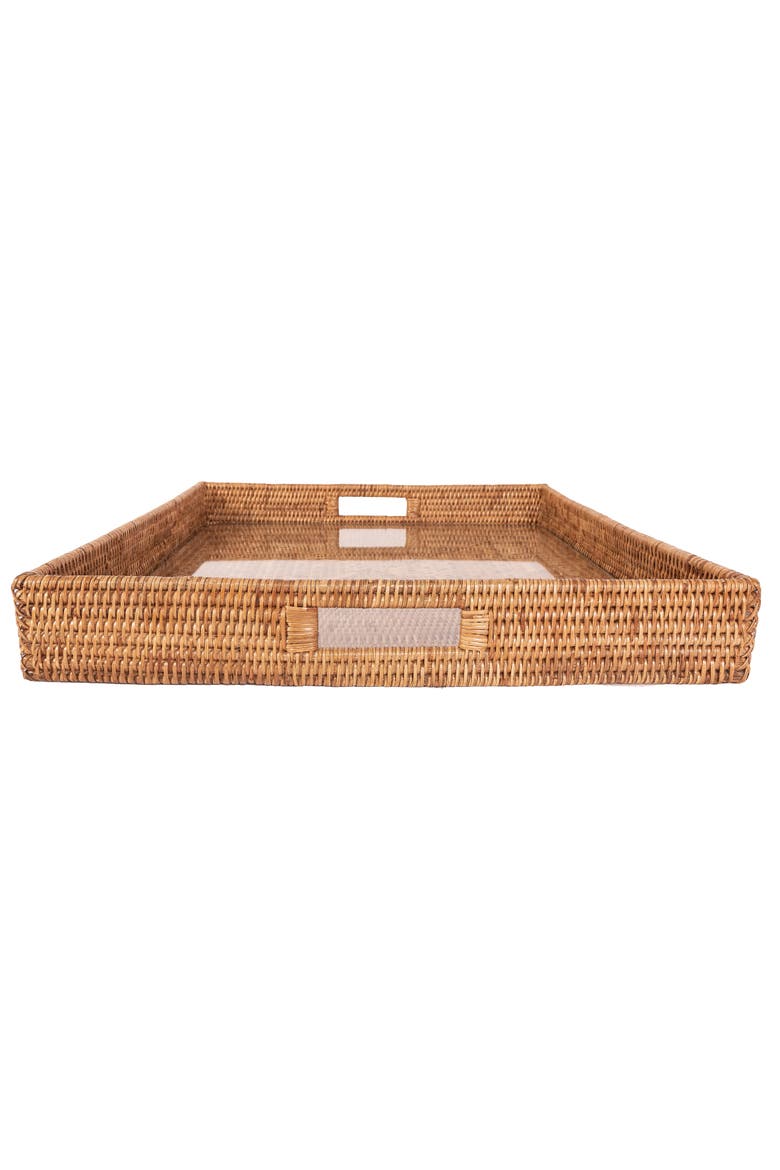 Artifacts Rattan Square Serving Ottoman Trays with Glass Insert, Alternate, color, Honey Brown