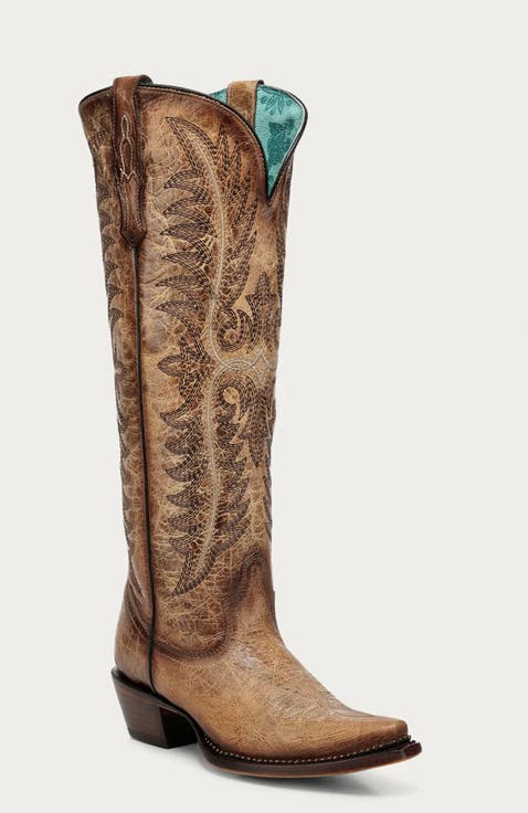 Embroidered Cowhide Snip Toe Tall Boots