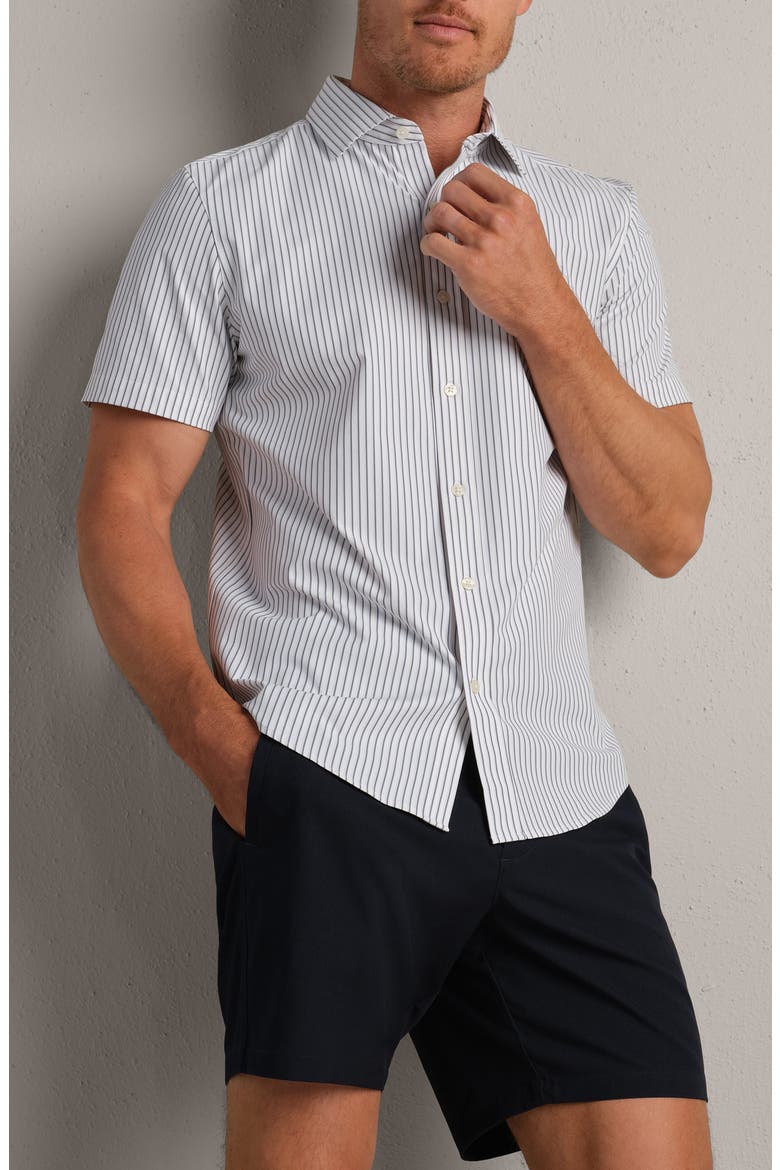 State of Mind Stripe Performance Short Sleeve Button-Up Shirt, Main, color, WHITE/ NAVY PICK STITCH STRIPE