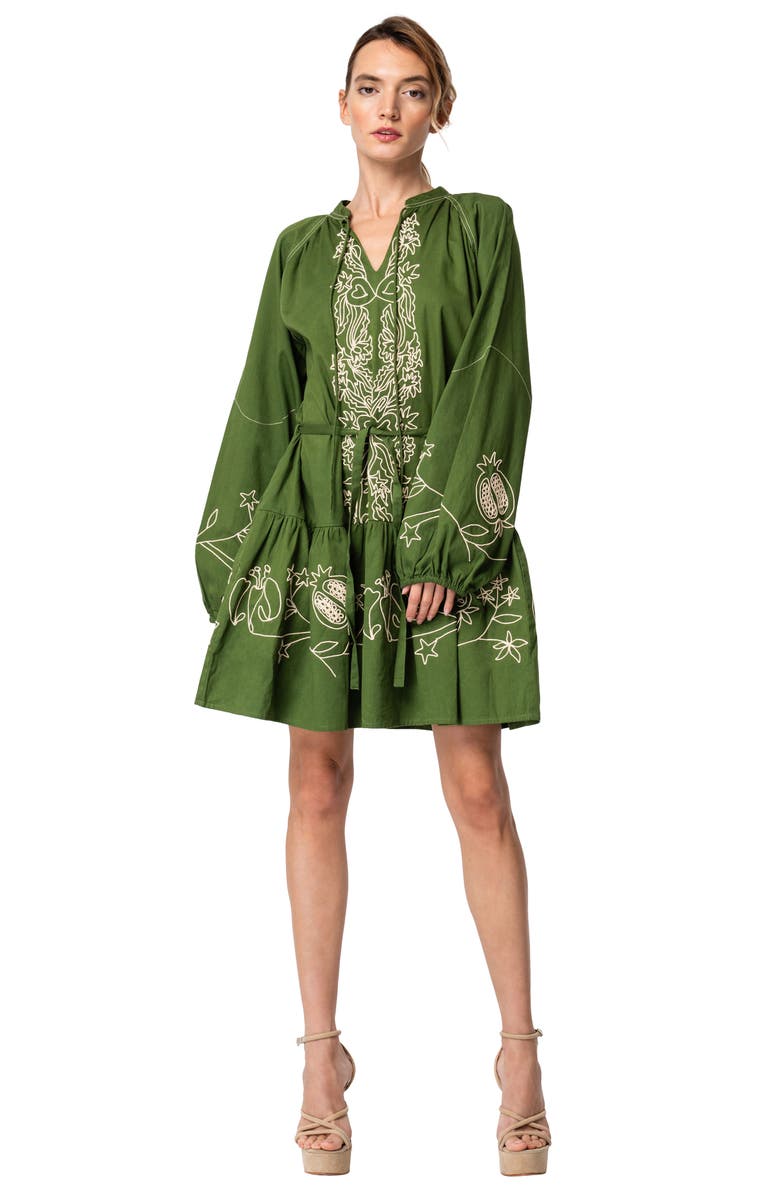 CIEBON Rosetta Embroidered Long Sleeve Cotton Minidress, Alternate, color, Green Multi