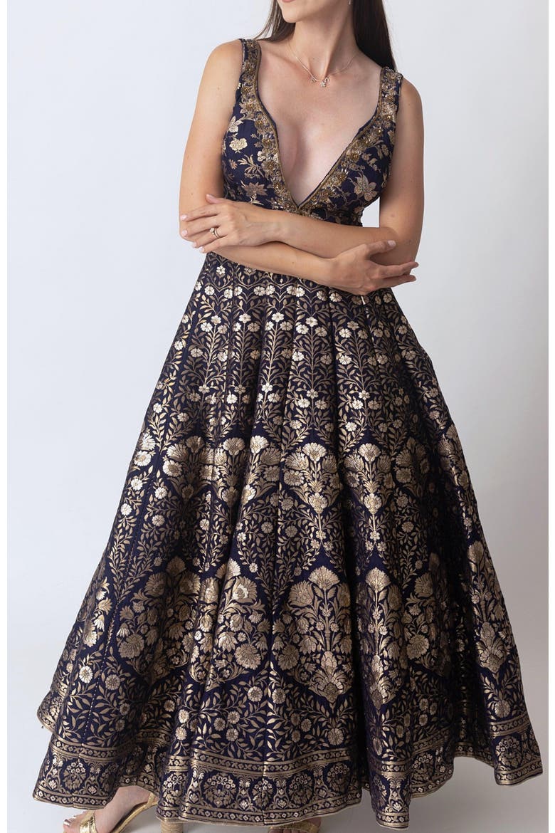 Alisha Brocade Plunge Neck Gown, Main, color, Navy