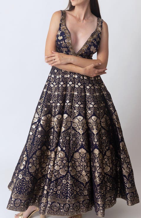 Alisha Brocade Plunge Neck Gown