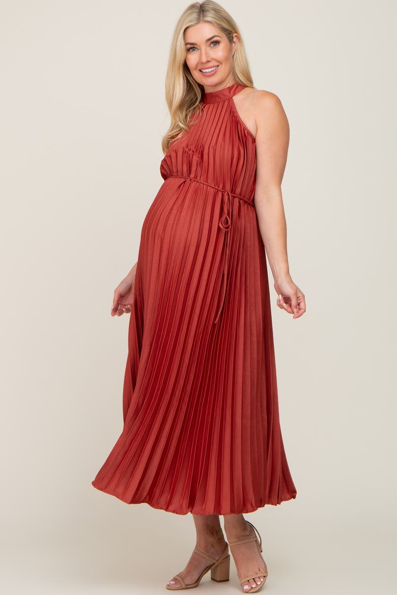 Pleated Halter Dress, Alternate, color, Rust