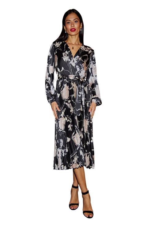 Floral Satin Long Sleeve Midi Dress