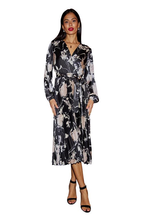 Yumi Floral Satin Long Sleeve Midi Dress In Black