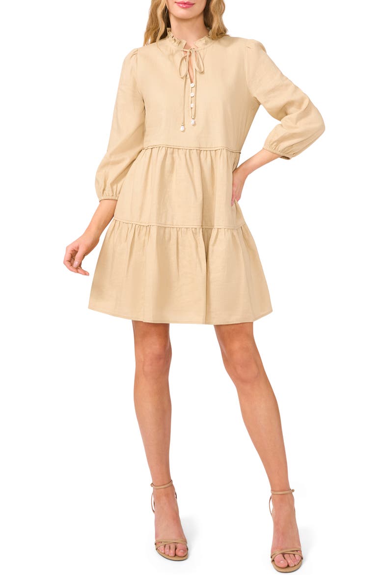 Long Sleeve Tiered Linen Blend Dress, Main, color, HAZELNUT