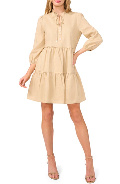 Long Sleeve Tiered Linen Blend Dress